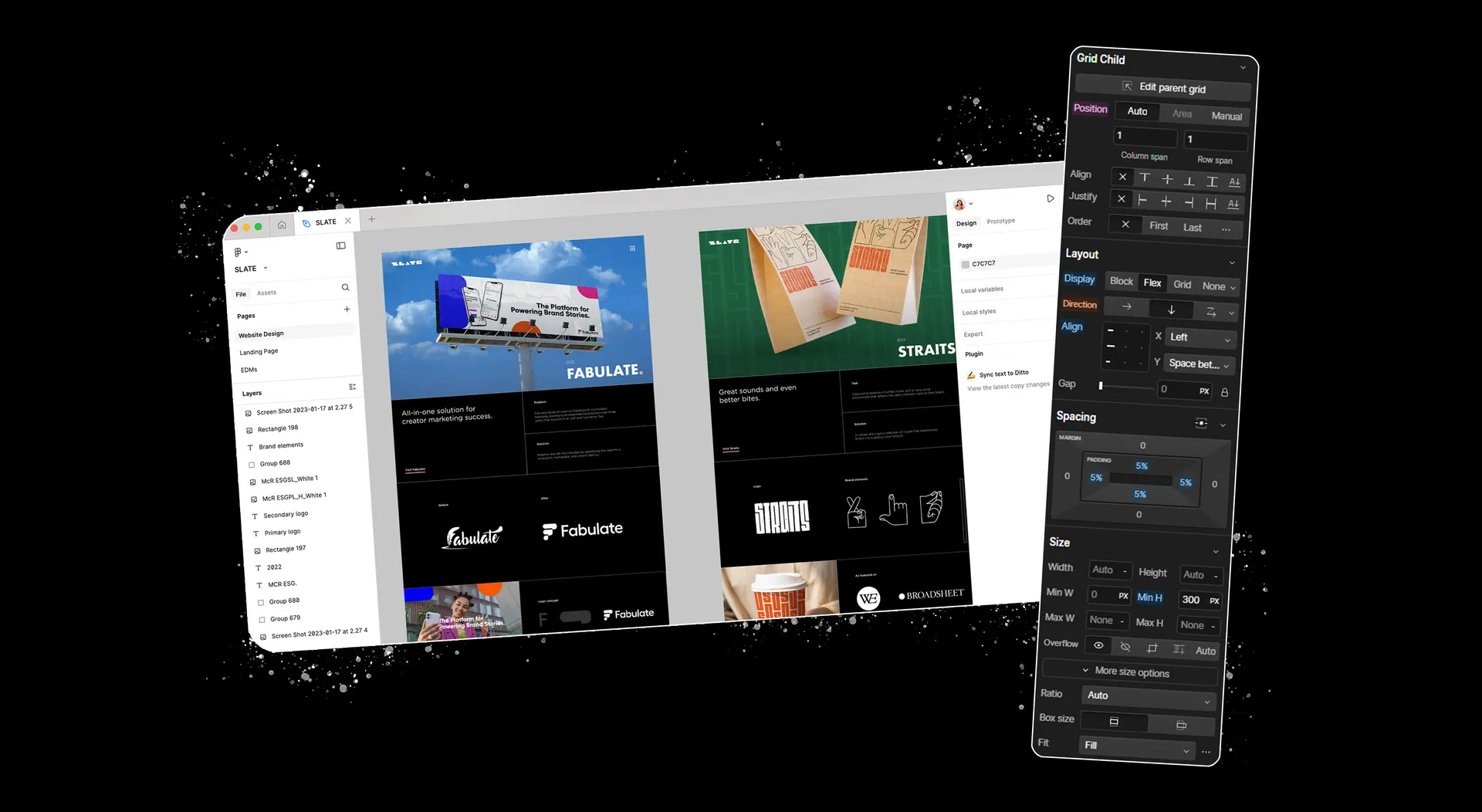 A design file of brand layouts for Fabulate and Straits beside the Webflow Designer’s layout panel, set to grid, flex and spacing controls