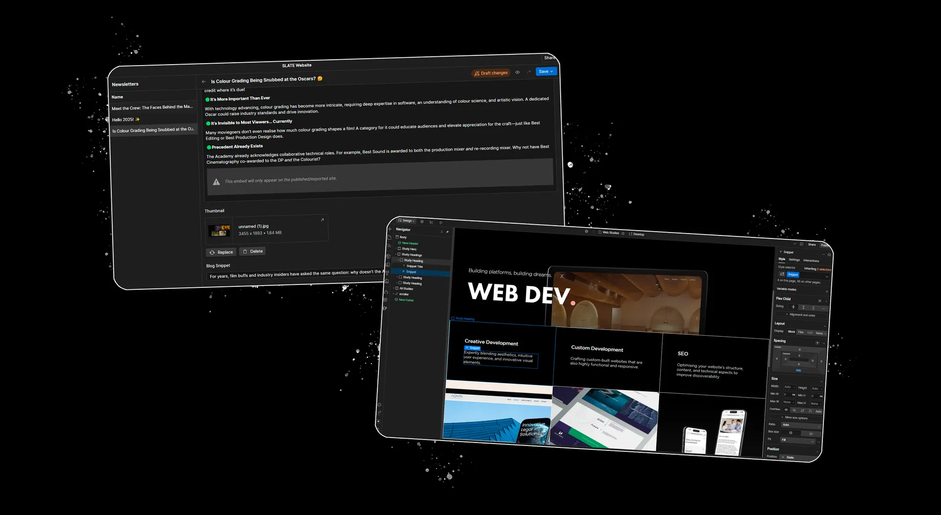 Two tablets on a dark background showing the Webflow editor: one open on a SLATE newsletter in the CMS, the other on the Web Dev page of SLATE’s website in the Webflow Designer