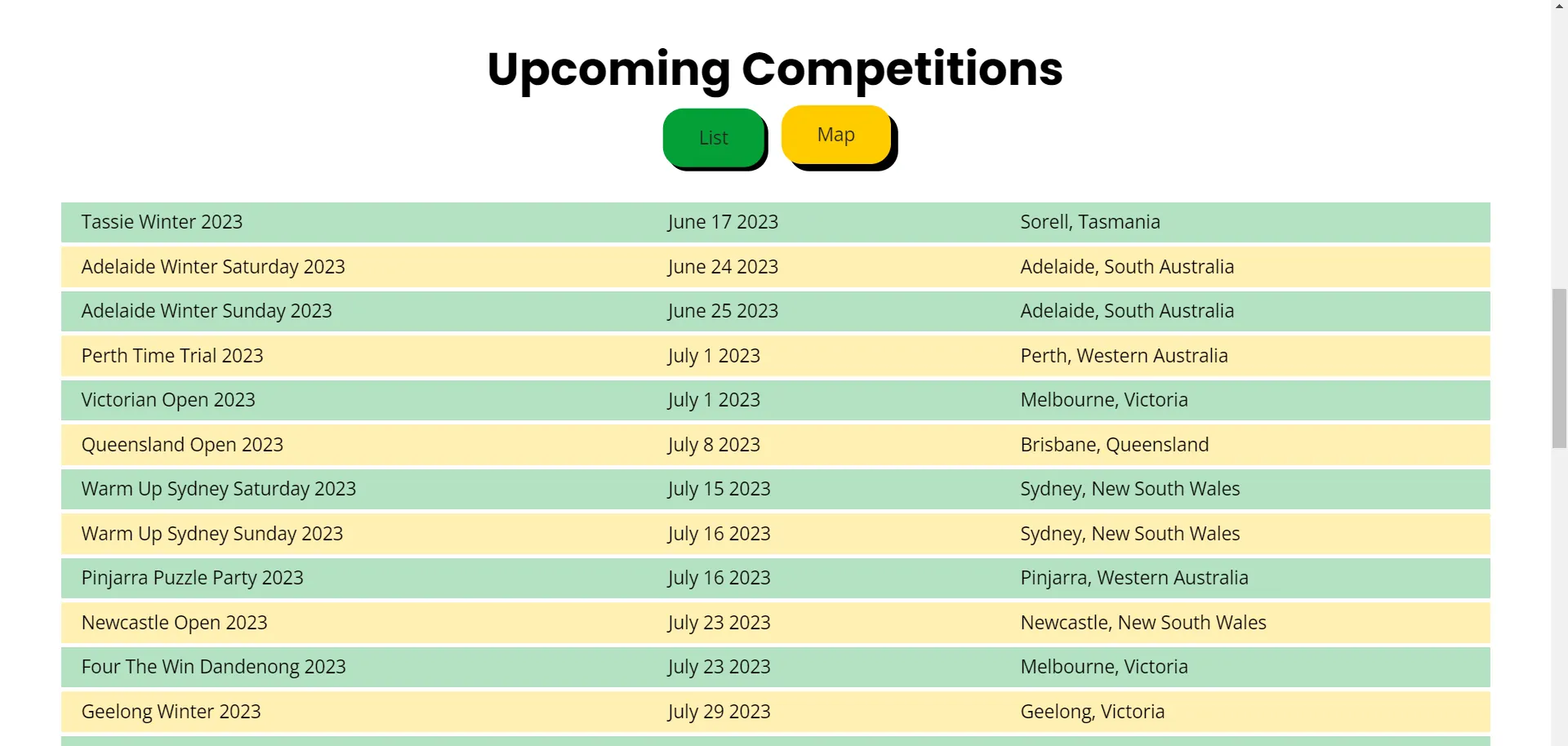 The 2023 competitions list: alternating green and yellow rows of competition names, dates and cities