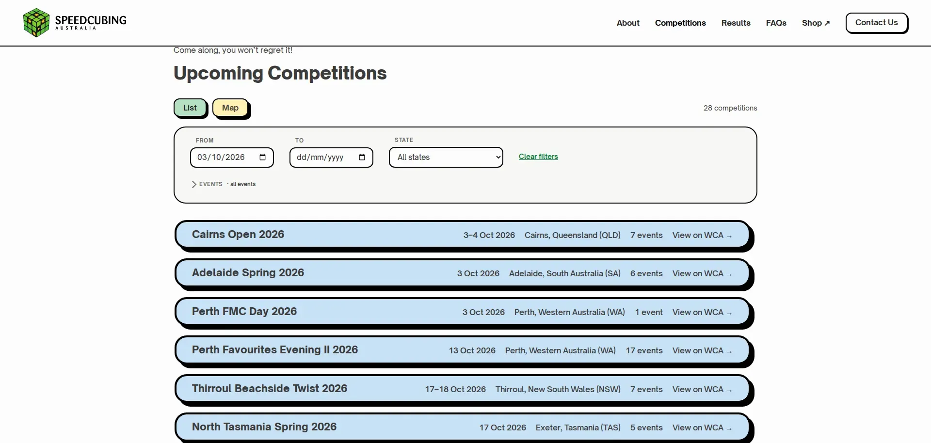 The 2026 competitions list: List and Map toggle, a filter panel for dates, state and events, and blue competition cards