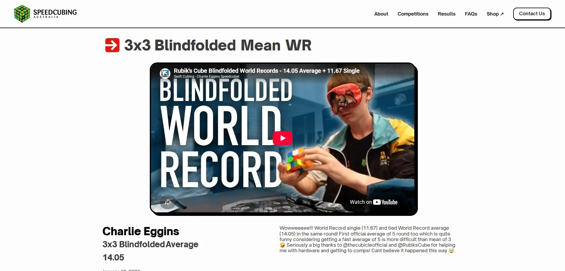 A 2026 record page: Charlie Eggins' 3x3 blindfolded mean world record, with an embedded video and his quote