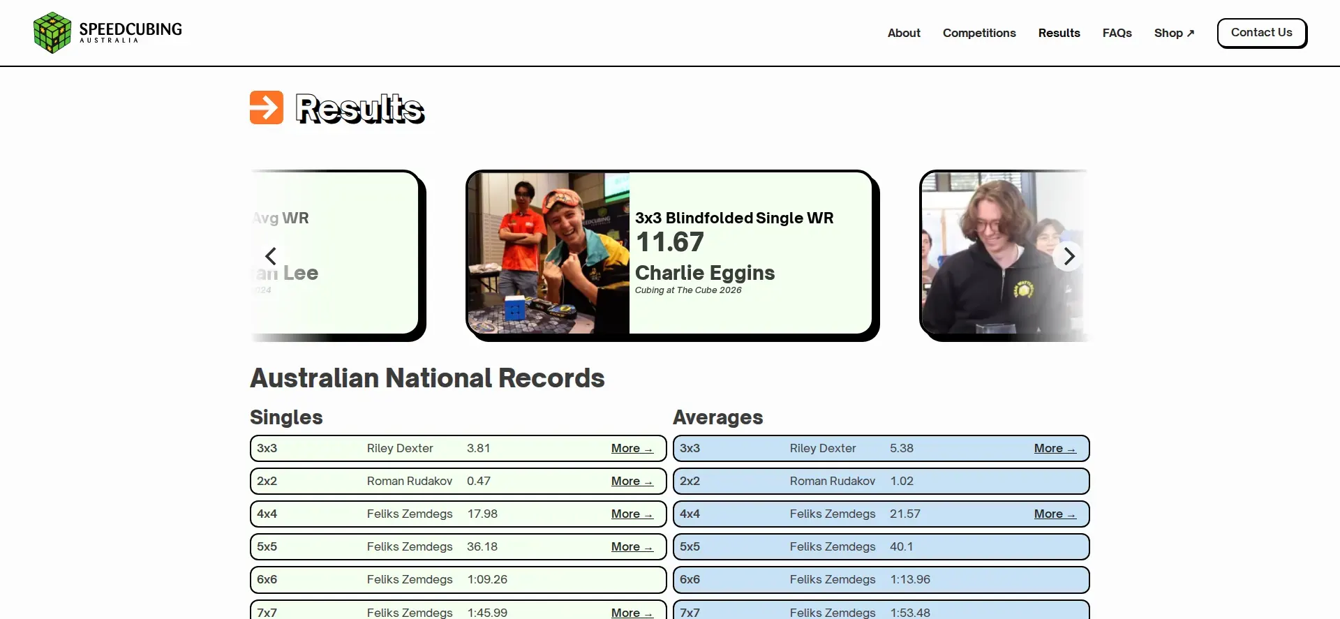 The 2026 Results page: a record carousel above tables of Australian national records, singles and averages