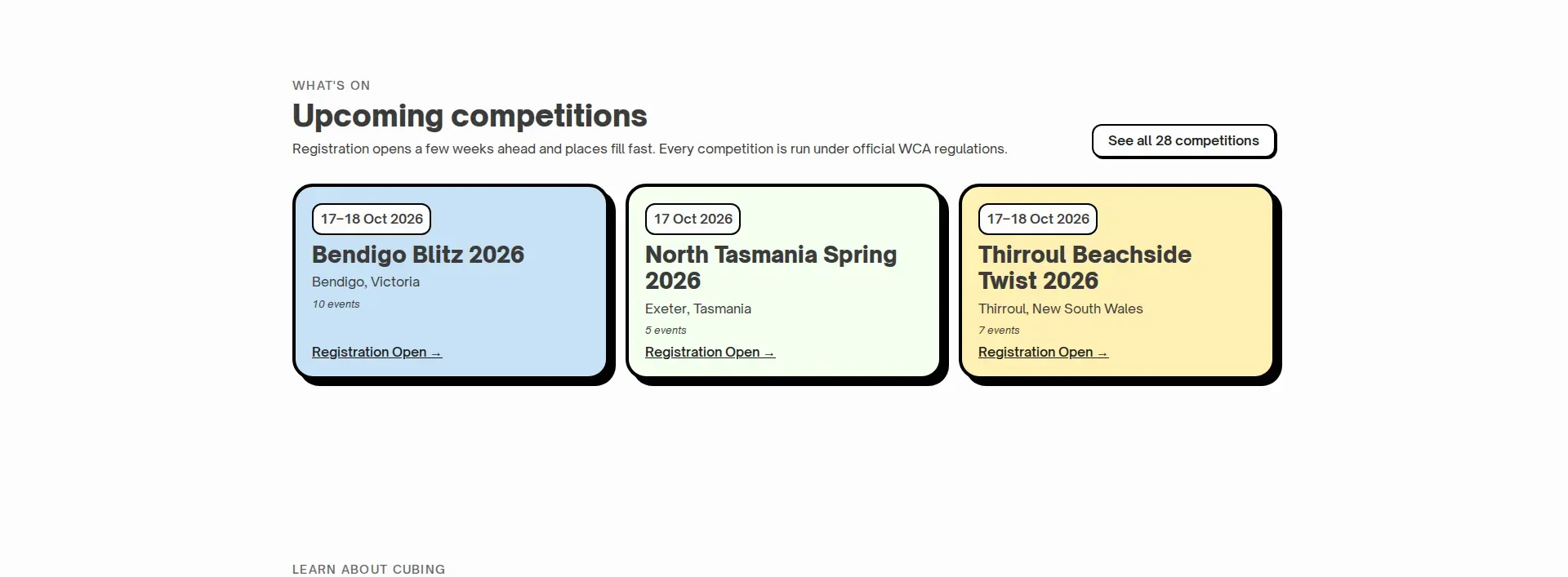The 2026 homepage What's On section: three competition cards with dates, cities, event counts and registration links, plus a See all 28 competitions button