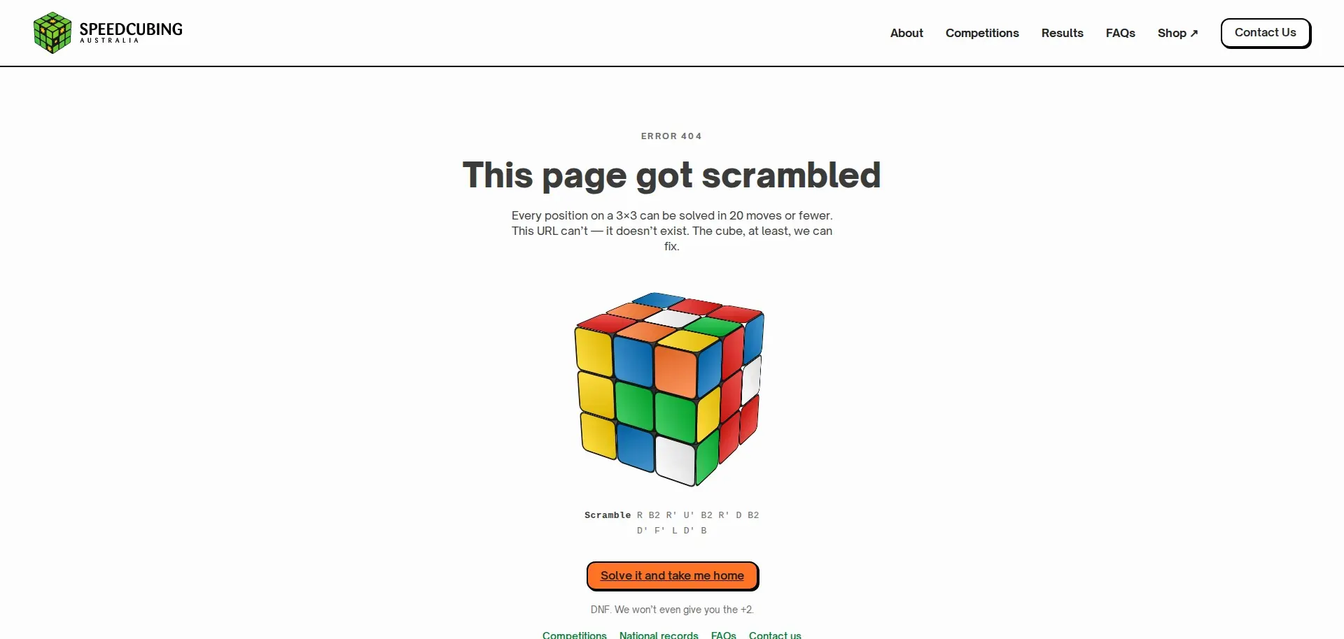 The 404 page: the heading This page got scrambled above a scrambled 3D Rubik's cube, a scramble in cube notation, and a Solve it and take me home button