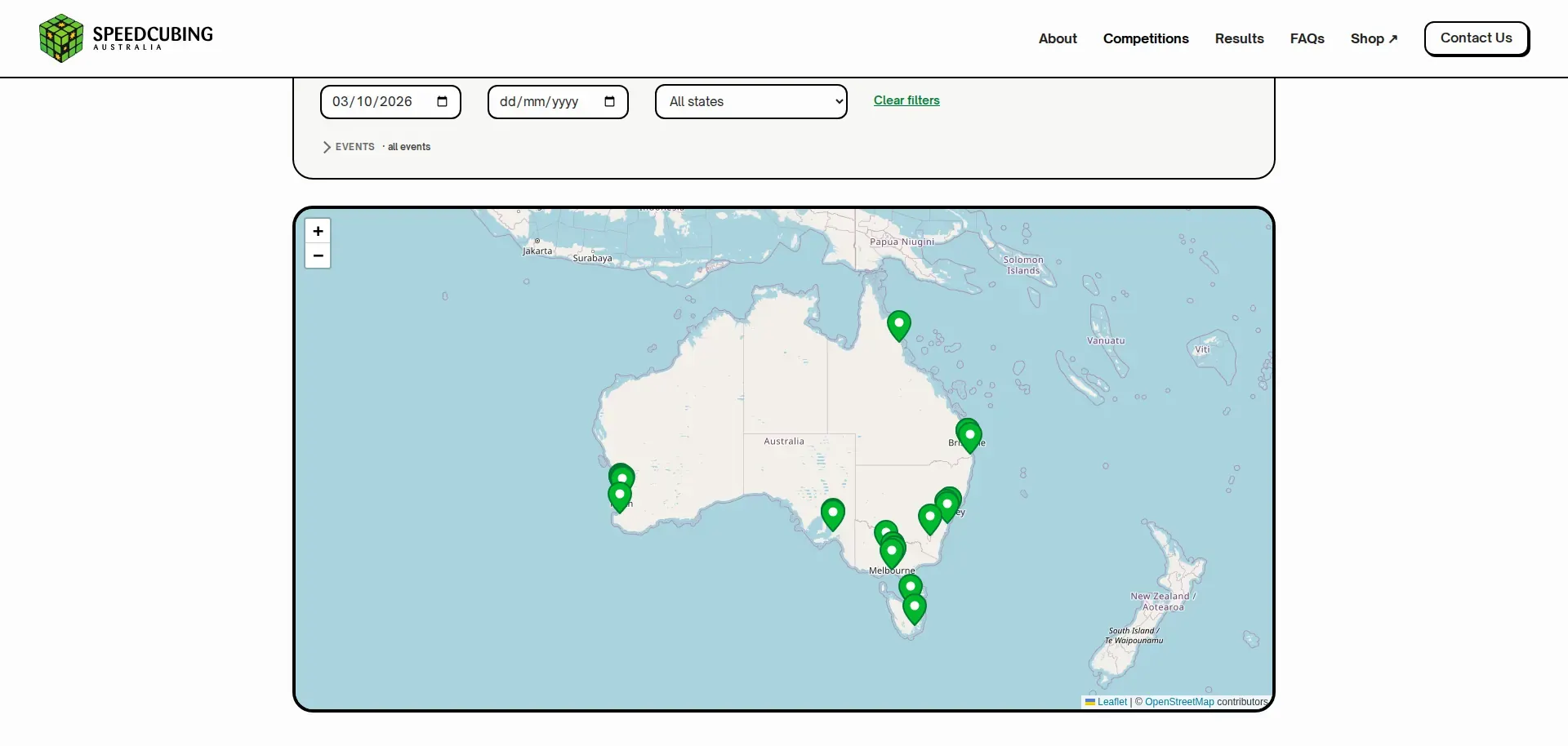 Map view of upcoming competitions: green pins across every state, including two in Tasmania