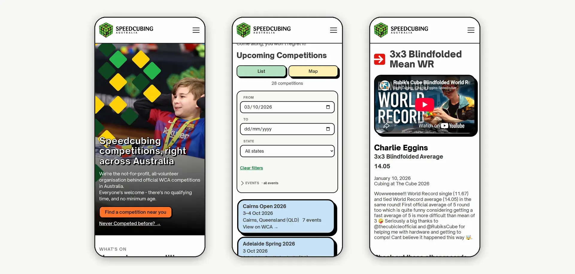 Three phone screens: the homepage hero, the competitions list with filters, and a national record page