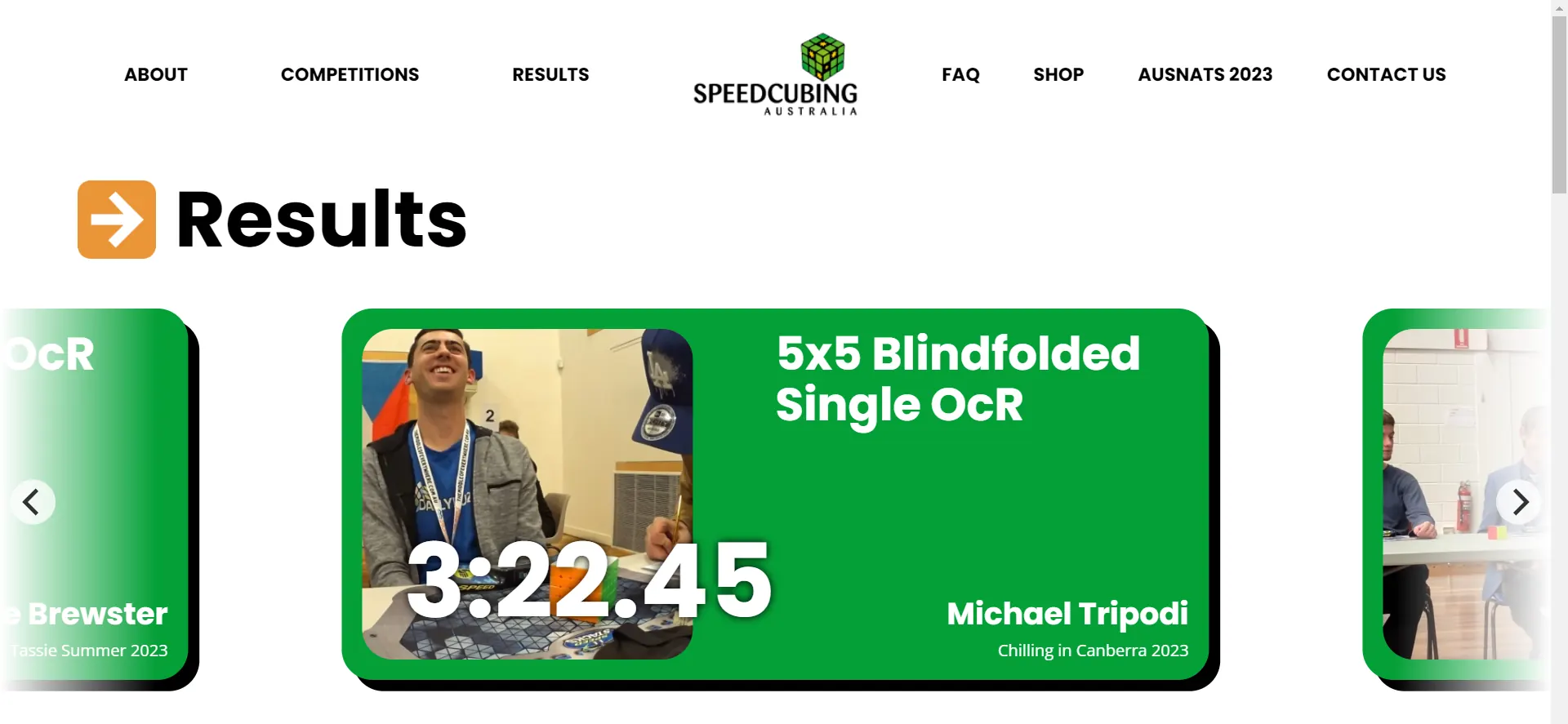 The 2023 Results page: a large heading with an arrow icon above a slider of green record cards