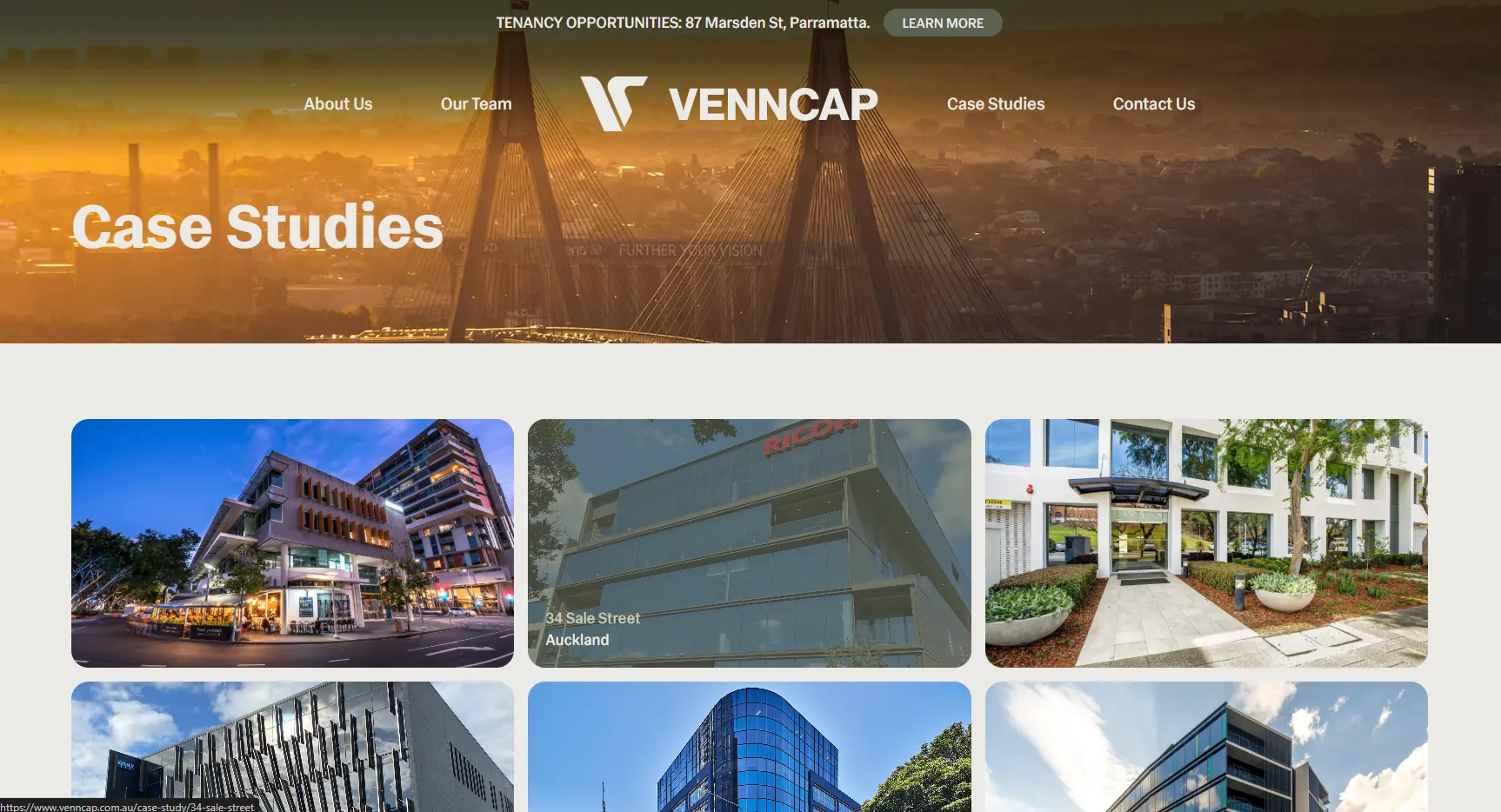 The VennCap case studies page: a grid of property photos under a sunset image of a bridge