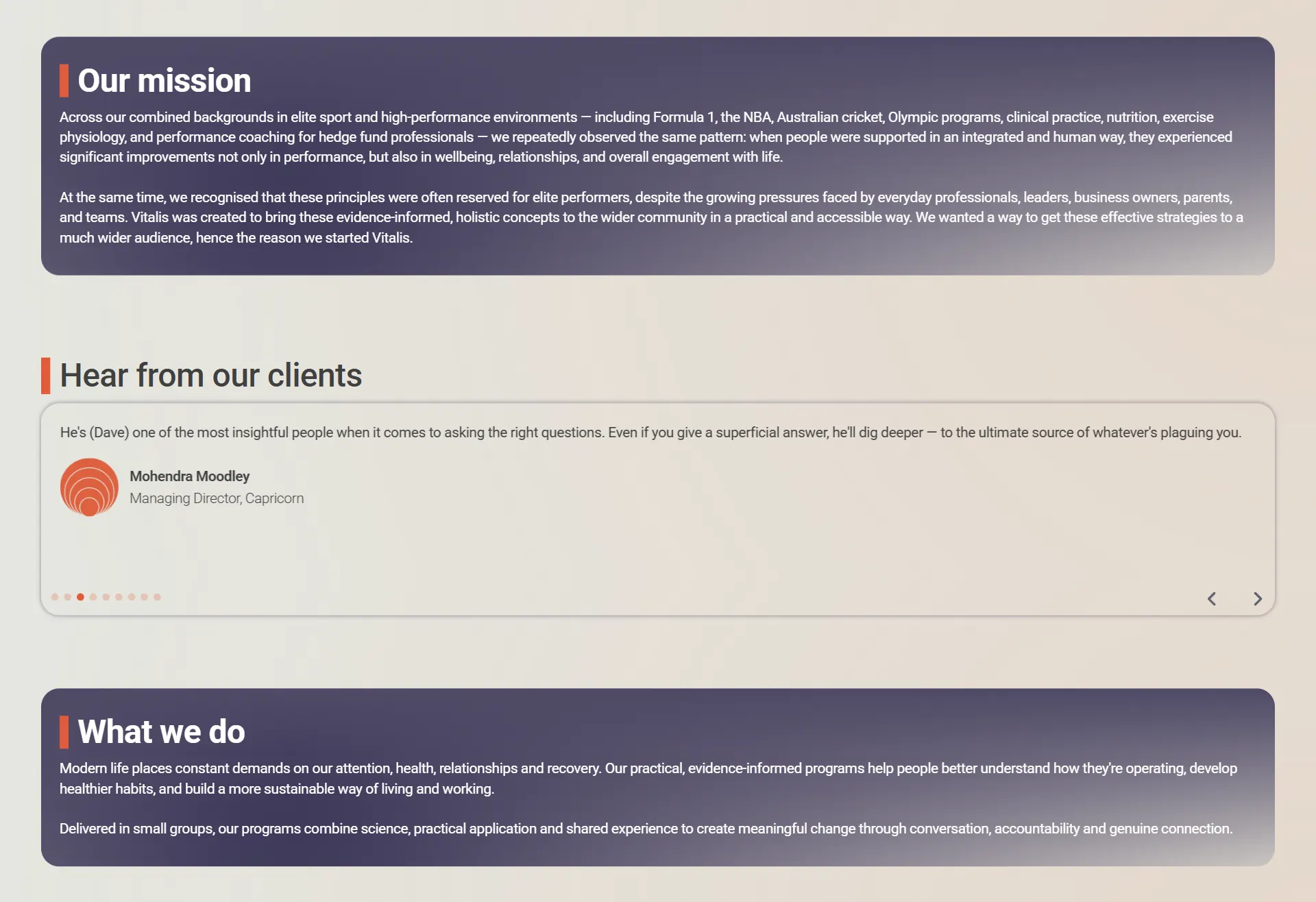 The new homepage: navy gradient cards for Our mission and What we do, with a testimonial card between them, each heading marked by a short orange bar
