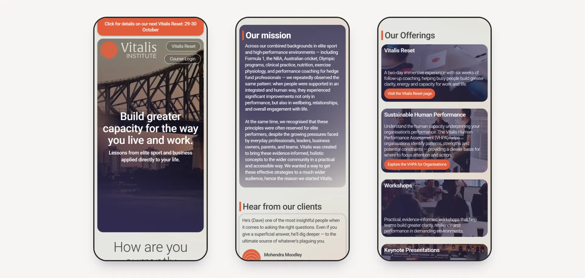 Three phone screens: the hero with the Story Bridge, the Our mission card, and the stacked offering cards