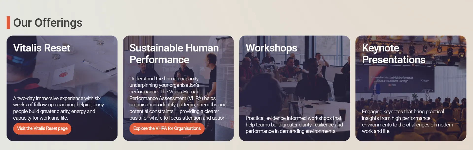 Our Offerings: four photo cards with a navy tint, for Vitalis Reset, Sustainable Human Performance, Workshops and Keynote Presentations, two with orange buttons