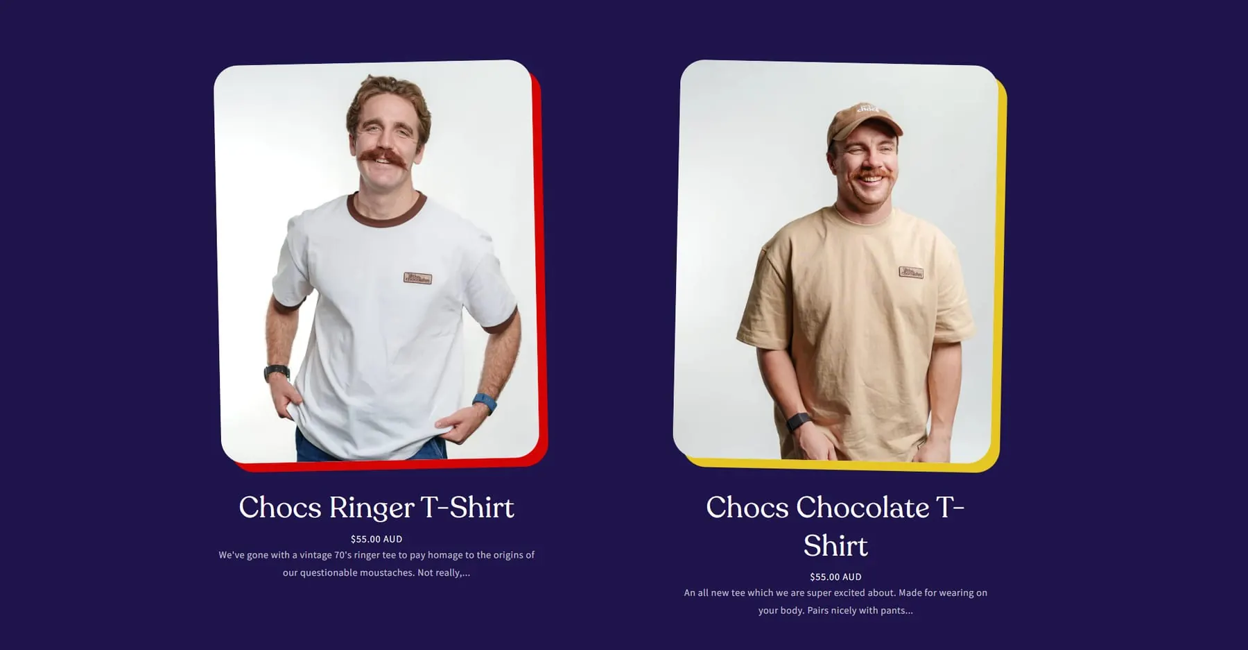Two products on the purple We Got The Chocolates store: the Chocs Ringer T-Shirt and the Chocs Chocolate T-Shirt